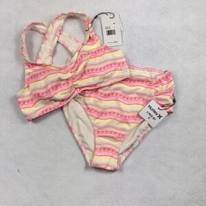 Hurley 2 Piece Pink Flamingo Youth Girls High Waisted Swimwear Sz. 12